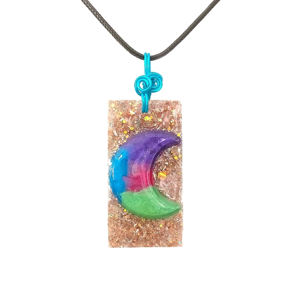 Multicolored moon and gold opalescent glitter pendant on black cord necklace new